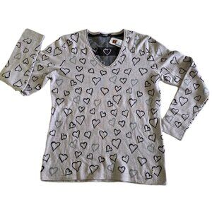 Olsen Sweater Womens US 8 Lavender Heart Shapes AOP LS V Neck Cotton Boho Casual